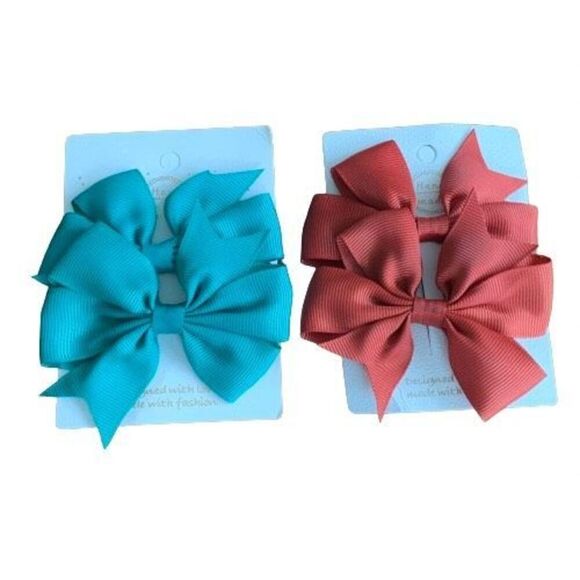 Set of 4 Grosgrain Double Bow Hair Clips – Raspberry Rose & Mint Blue - Picture 1 of 11